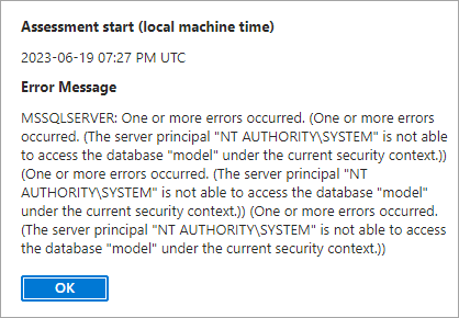 Screenshot che mostra il messaggio di errore in cui il principale del server non è in grado di accedere al database.