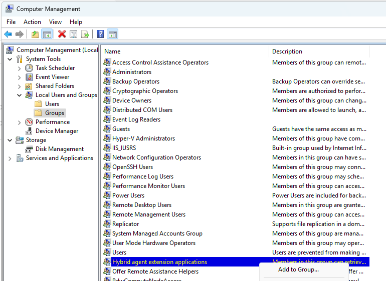 Screenshot di Gestione computer che visualizza il gruppo di applicazioni dell'estensione Hybrid Agent.