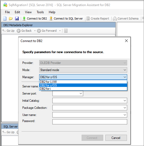 Schermata del riquadro Connect to Db2.