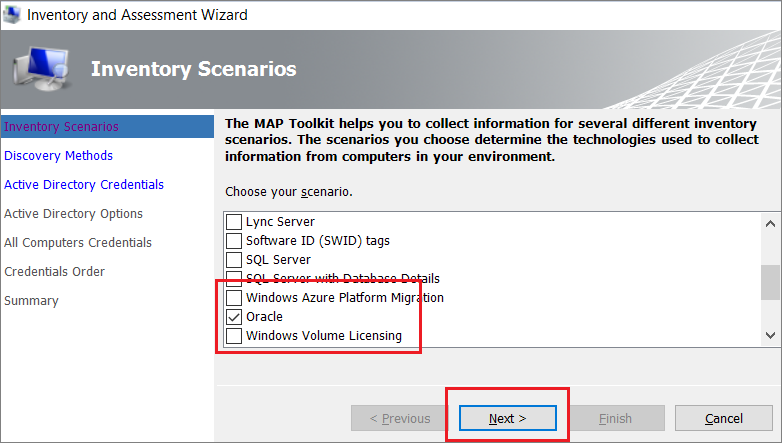 Schermata dell'opzione Oracle e del pulsante Avanti nella procedura guidata Inventory and Assessment.