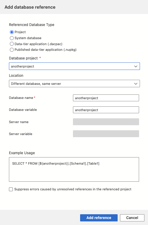 Screenshot della finestra di dialogo Aggiungi riferimento in Visual Studio Code.