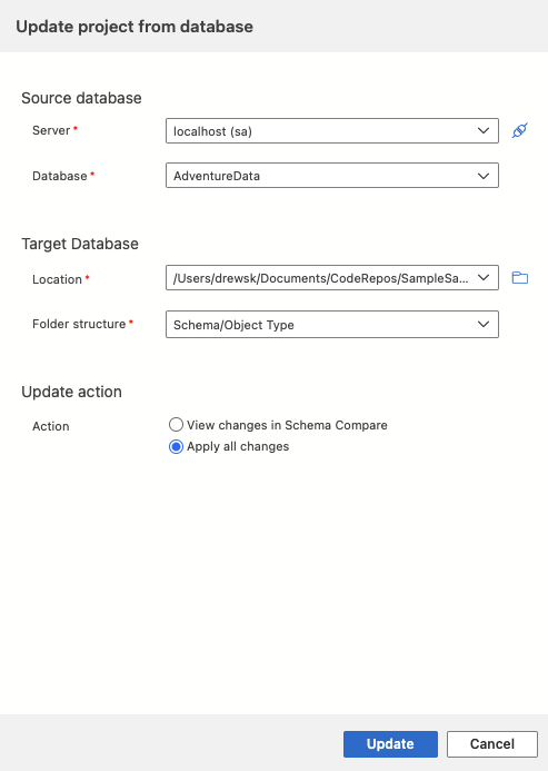 Screenshot della finestra di dialogo Aggiorna database in Visual Studio Code.