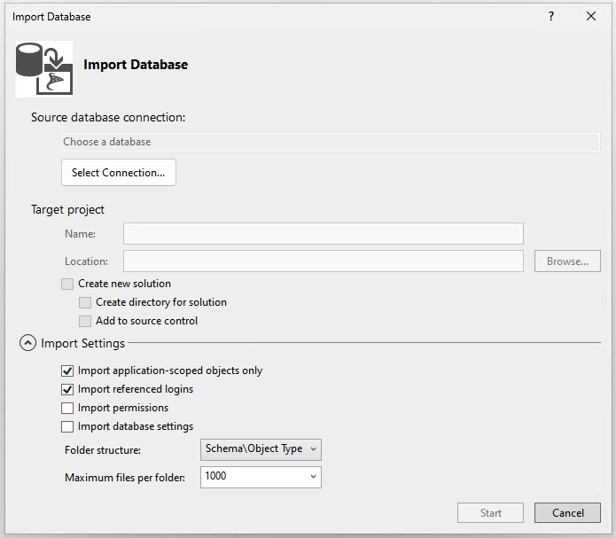 Screenshot della finestra di dialogo Importa Database in Visual Studio.