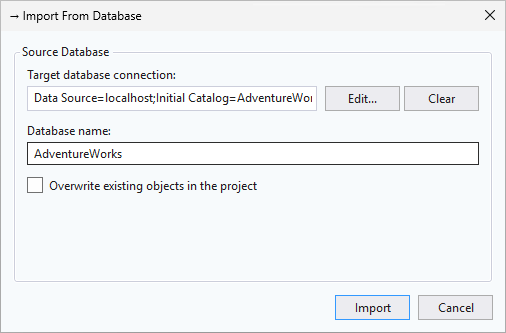 Screenshot della finestra di dialogo Importa Database in SSMS.