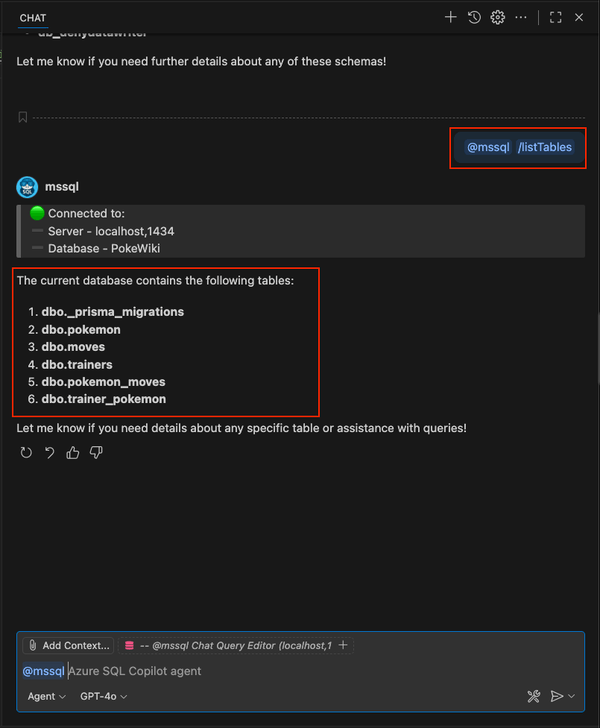 Screenshot di utilizzo del comando slash /listTables nella chat di GitHub Copilot.