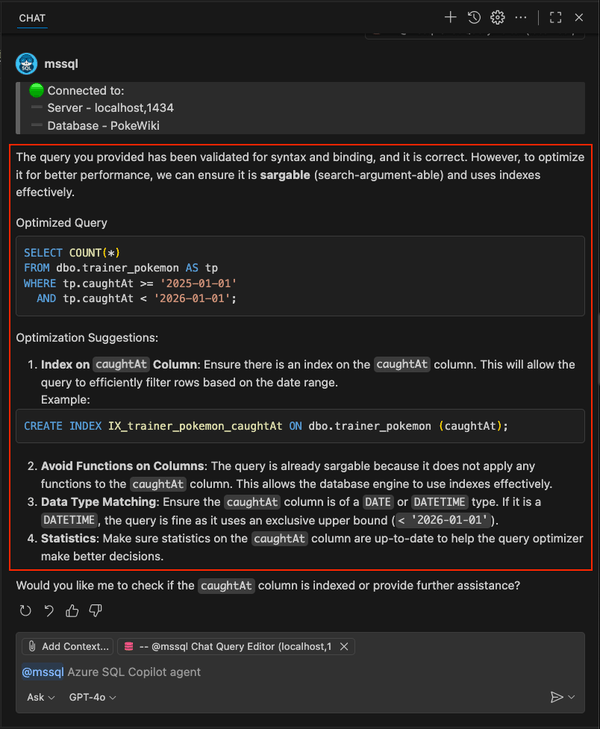 Screenshot che mostra il comando /optimize slash suggerimenti dettagliati per l'ottimizzazione e la creazione dell'indice.