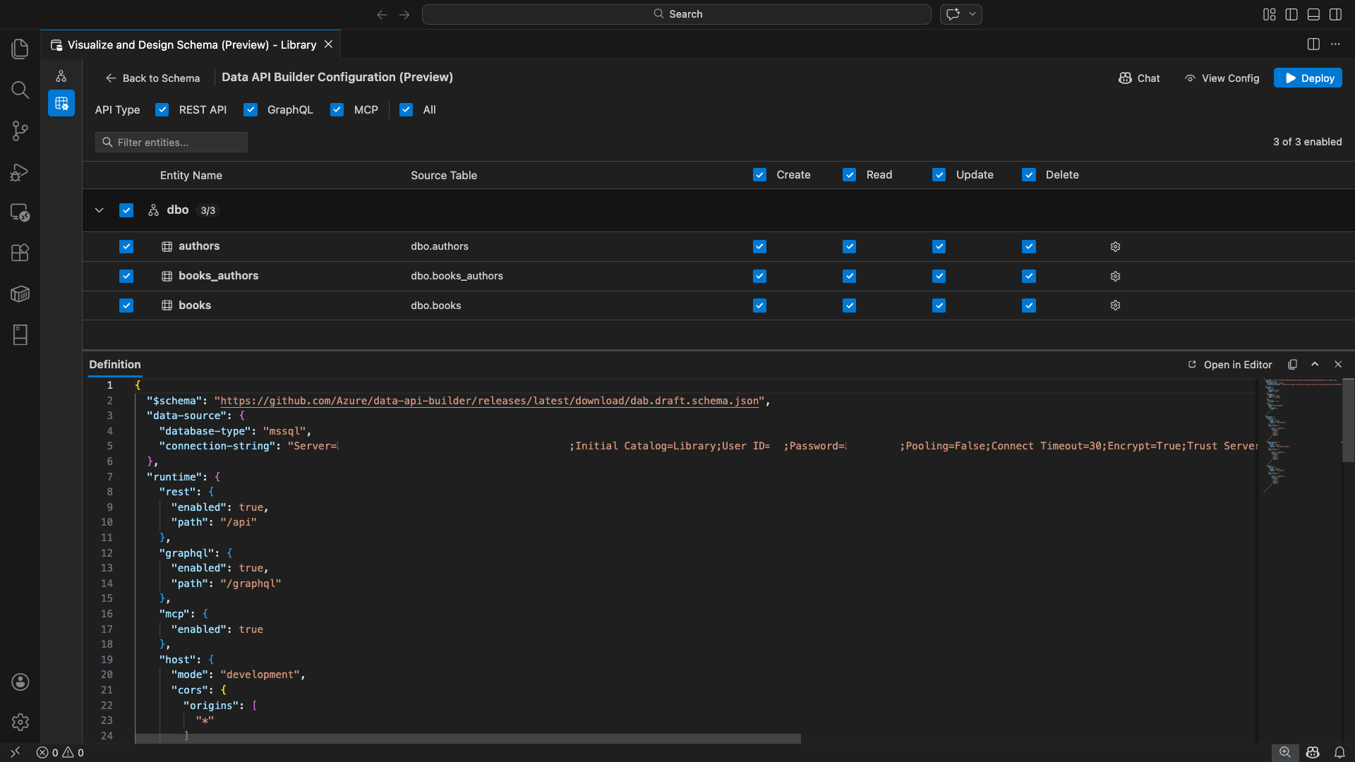 Screenshot dell'interfaccia utente di Generatore API dati con elenchi di entità e caselle di controllo CRUD in Visual Studio Code.