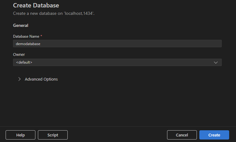 Screenshot della finestra di dialogo Crea database con il nome del database e le opzioni avanzate.