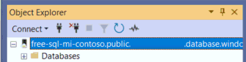 Screenshot di una connessione a un'istanza SQL gestita di Azure in Esplora oggetti.