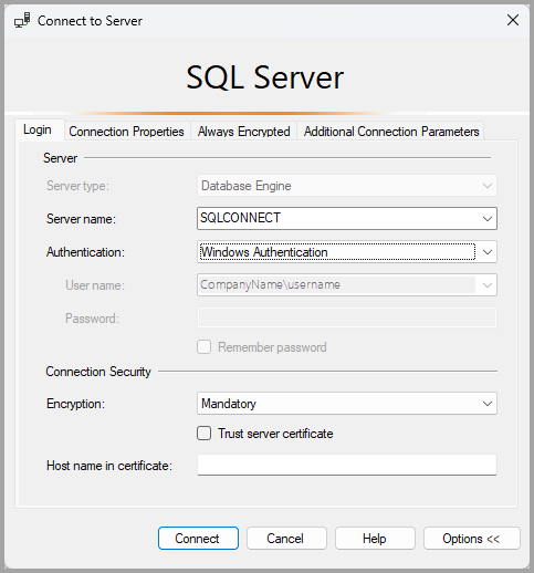 Screenshot della finestra di dialogo di connessione classica per SQL Server.