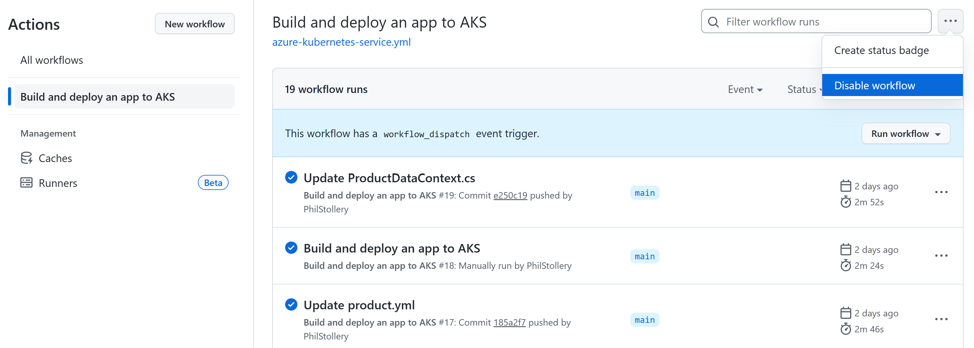 Screenshot che mostra l'opzione di menu Flusso di lavoro disabilitato per un flusso di lavoro di GitHub Action.