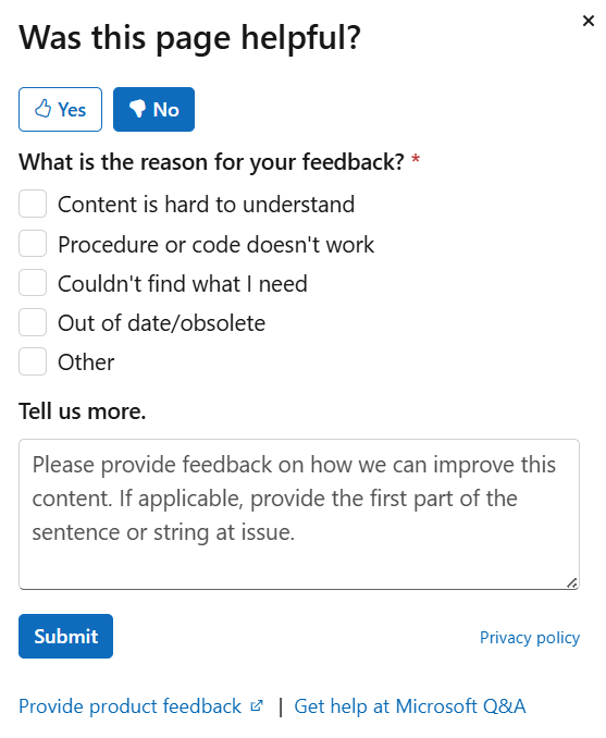 Screenshot di un modulo vuoto relativo ai problemi di GitHub per inviare commenti e suggerimenti su un articolo della documentazione.
