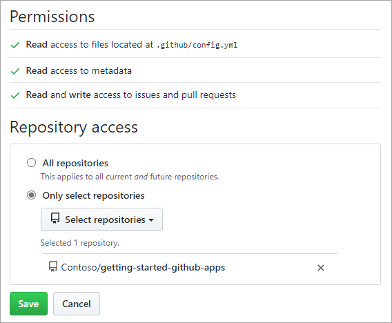 Screenshot che mostra l'esame delle autorizzazioni richieste e dell'accesso al repository.