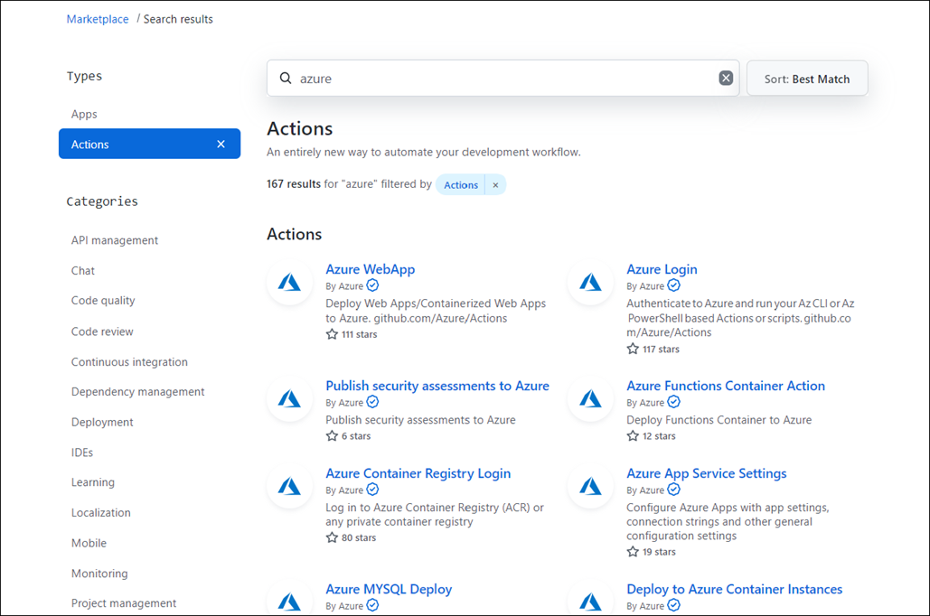 Screenshot di GitHub Marketplace che mostra i risultati della ricerca per Azure.