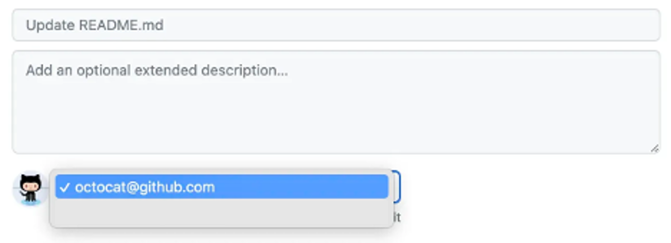 Screenshot di una modifica commit con una casella di descrizione e il menu a discesa dell'e-mail da selezionare come autore del commit.
