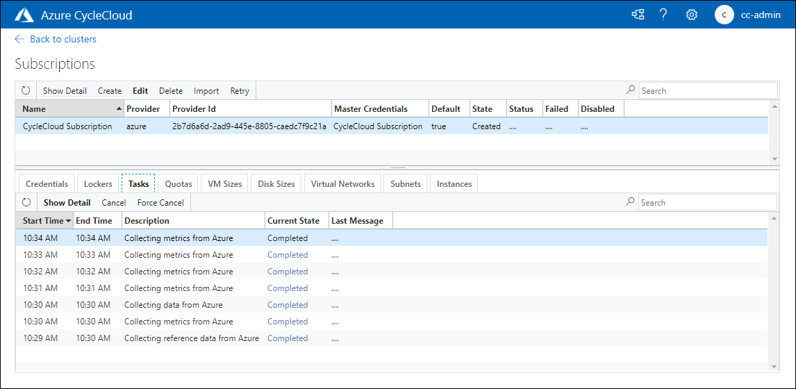 Screenshot che mostra la pagina Sottoscrizioni dell'applicazione Web Azure CycleCloud, con la voce che rappresenta la sottoscrizione appena aggiunta.