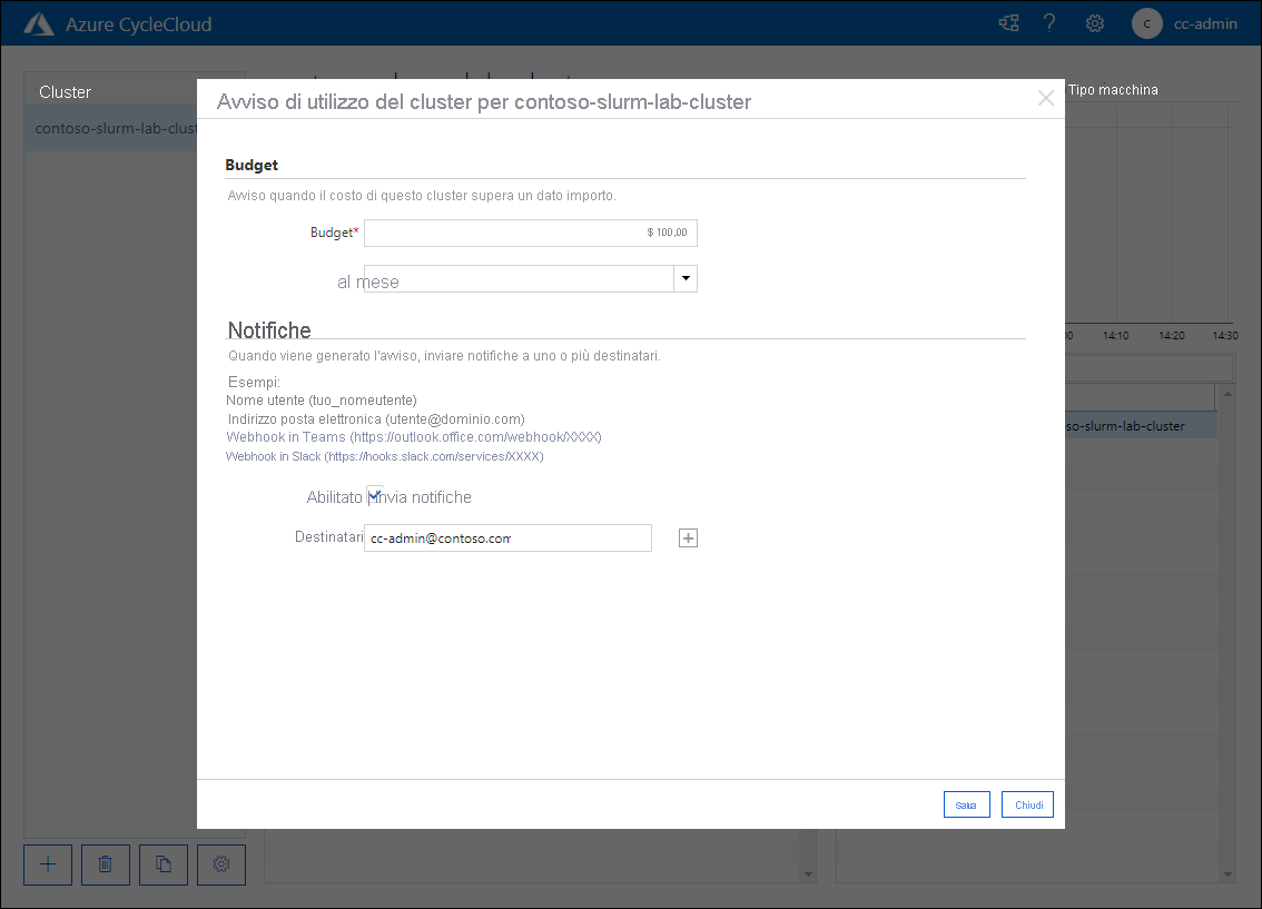 Screenshot che mostra l'avviso di utilizzo del cluster per contoso-slurm-lab-cluster nella finestra popup dell'applicazione web Azure CycleCloud.