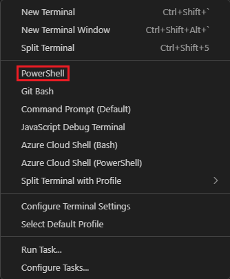 Screenshot della finestra del terminale di Visual Studio Code che mostra l'elenco a discesa per selezionare la shell.