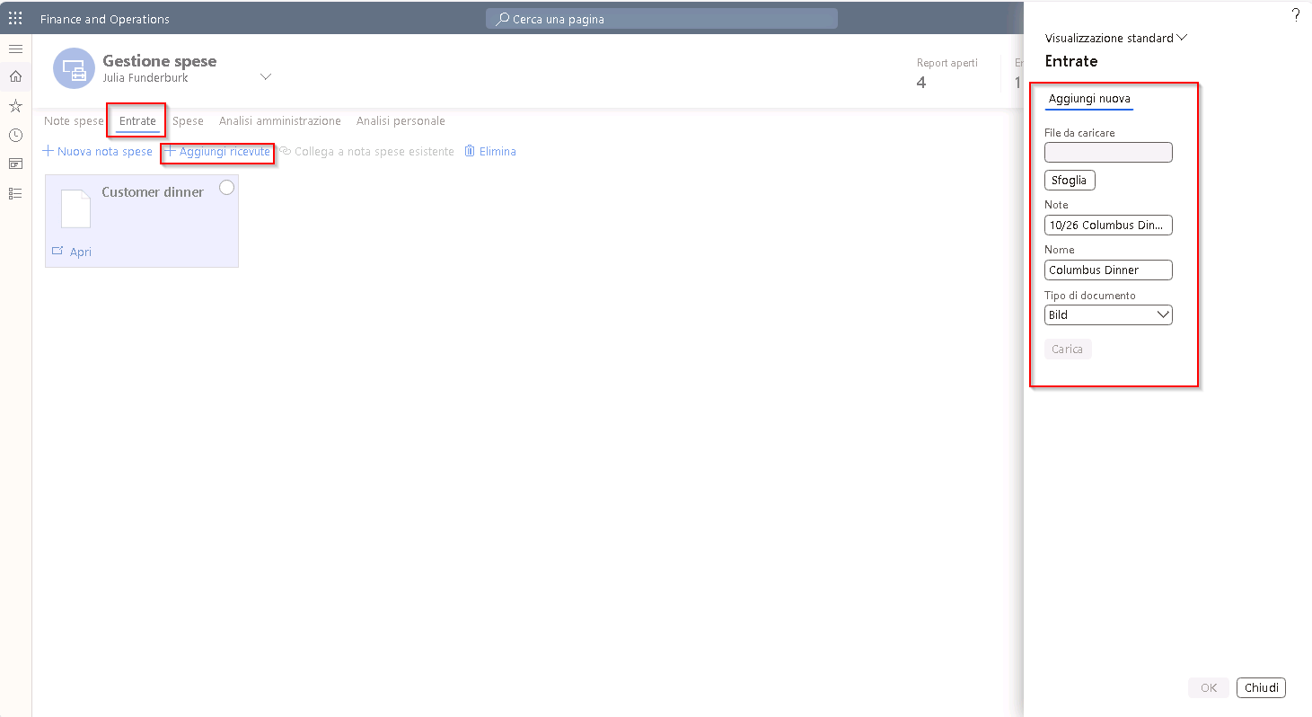 Screenshot della scheda Ricevute durante l'aggiunta di una ricevuta all'intestazione.
