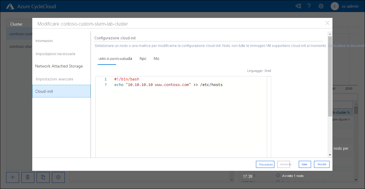 Screenshot della scheda Cloud-init della finestra popup di modifica di contoso-custom-slurm-lab-cluster nell'applicazione Web Azure CycleCloud.