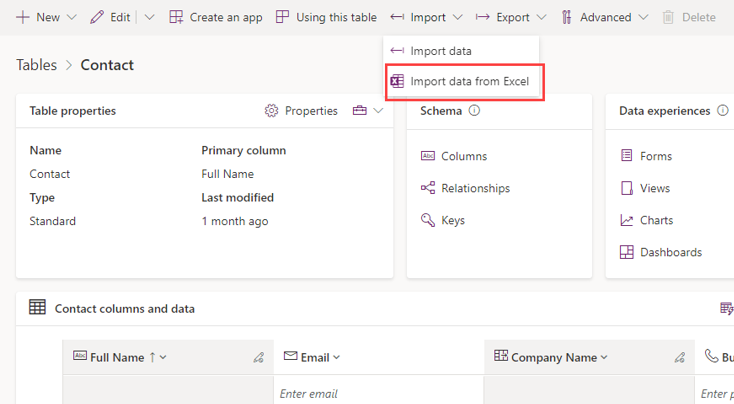 Screenshot dell'opzione per importare i dati da Excel in Power Apps.