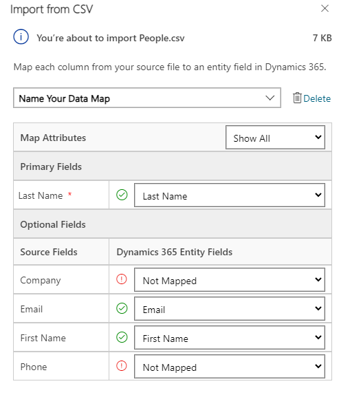 Screenshot del menu Importa da CSV.