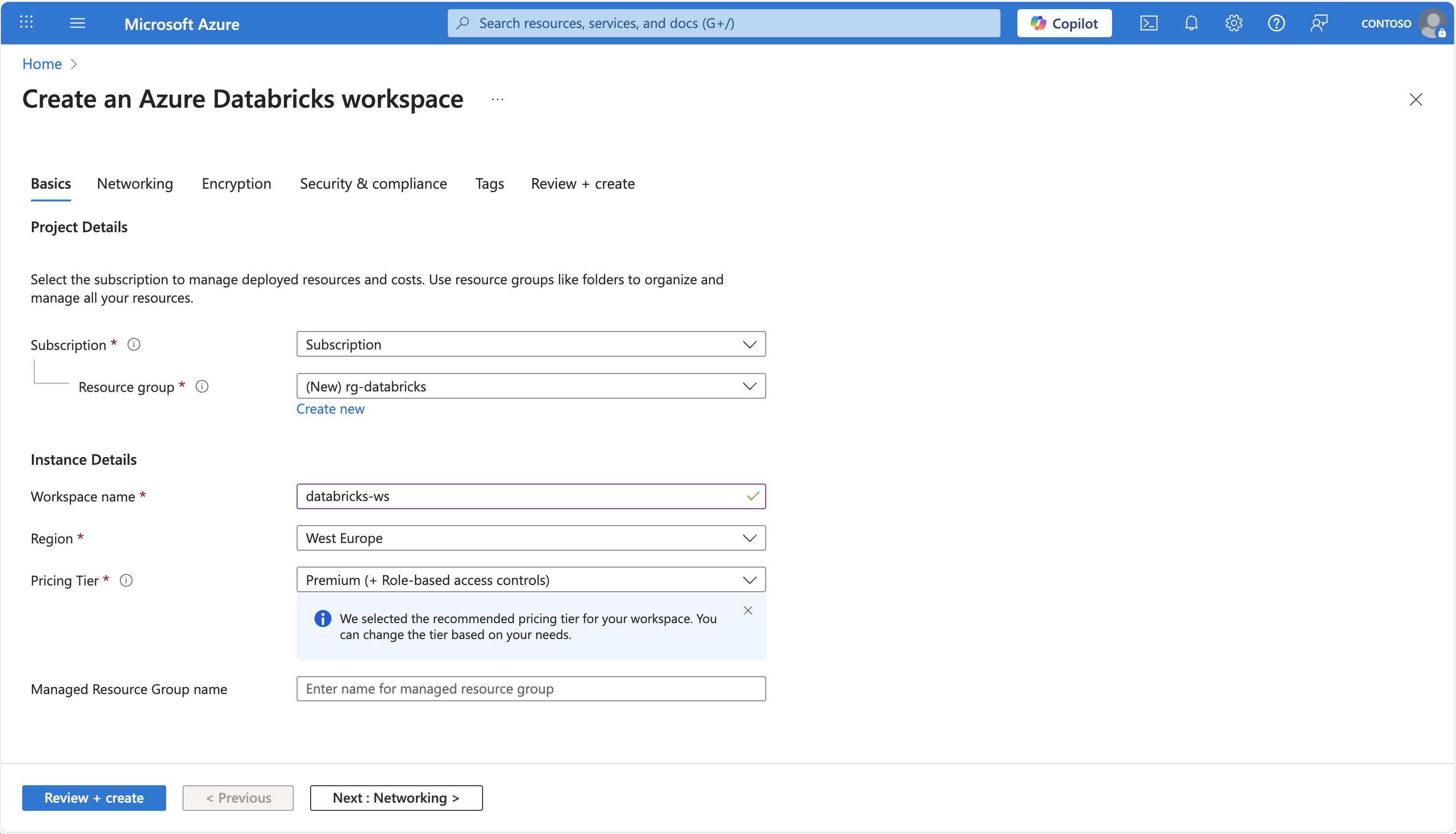 Schermata di Azure Databricks nel portale Azure.