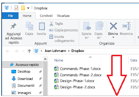 Schermata con un elenco di file in Dropbox.