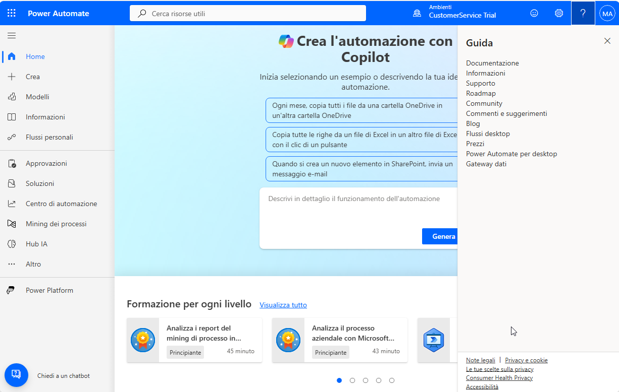 Schermata del pannello della Guida in Power Automate.