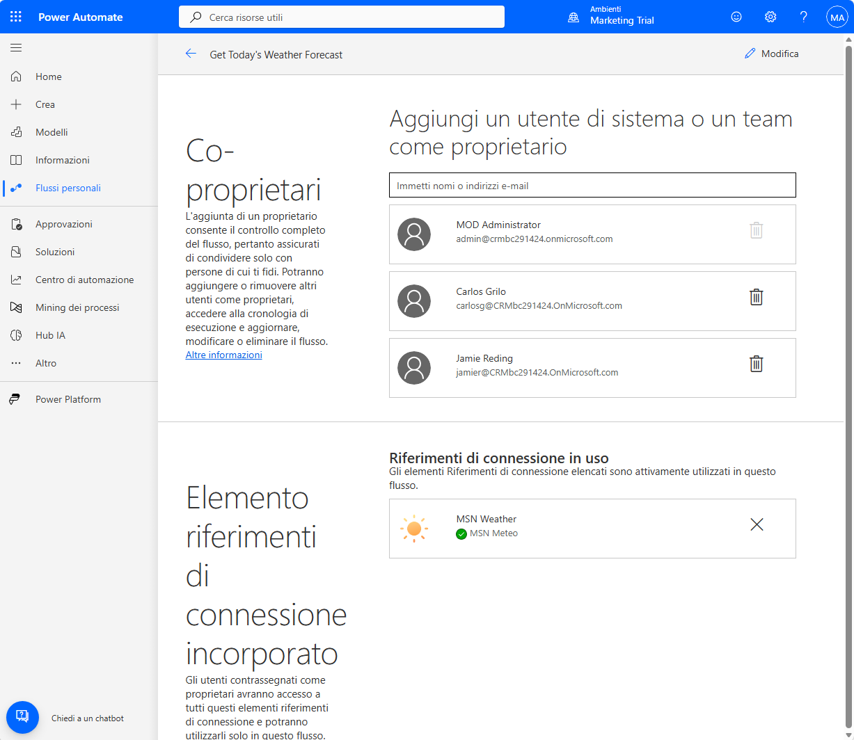 Schermata della pagina dei comproprietari con il pulsante Rimuovi proprietario dal flusso (icona del cestino) accanto a ogni comproprietario.