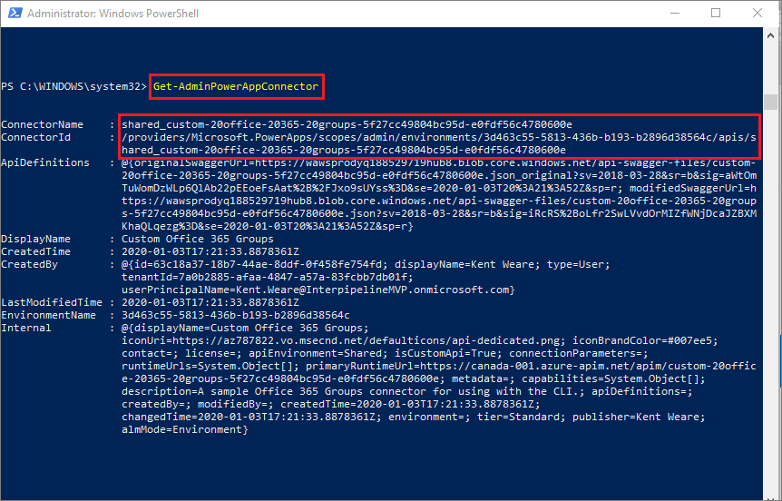 Screenshot dei risultati di recupero del connettore con il comando Get-AdminPowerAppConnector e i valori per ConnectorName e ConnectorId evidenziati.