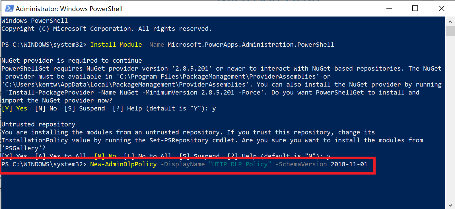 Screenshot di HTTP DLP Policy in PowerShell.