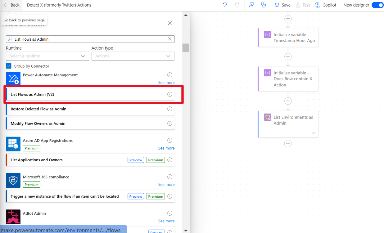 Screenshot del passaggio Scegli un'azione con Flow Management ed Elenca flussi come amministratore evidenziati.