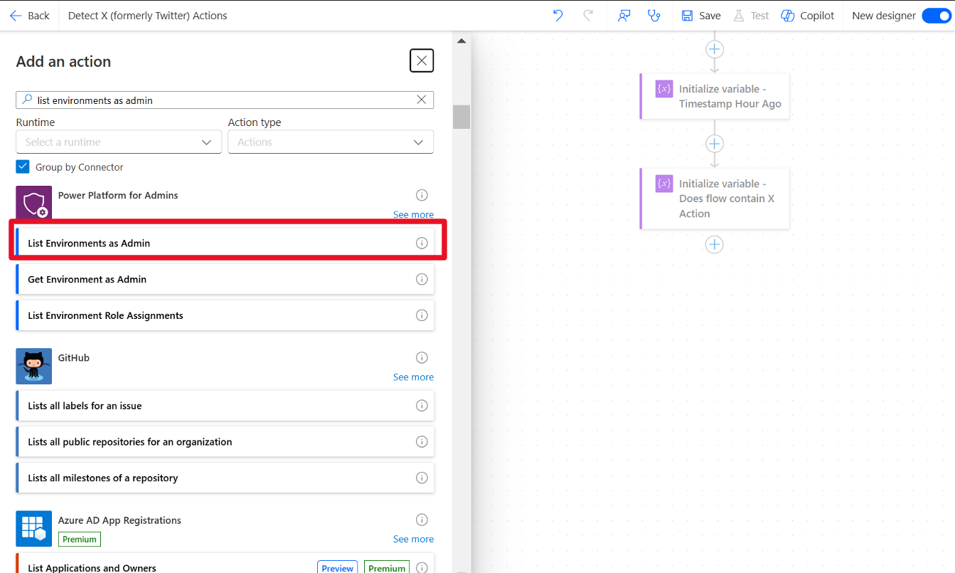 Screenshot del connettore Power Platform for Admins con l'azione Elenca ambienti come amministratore evidenziata.