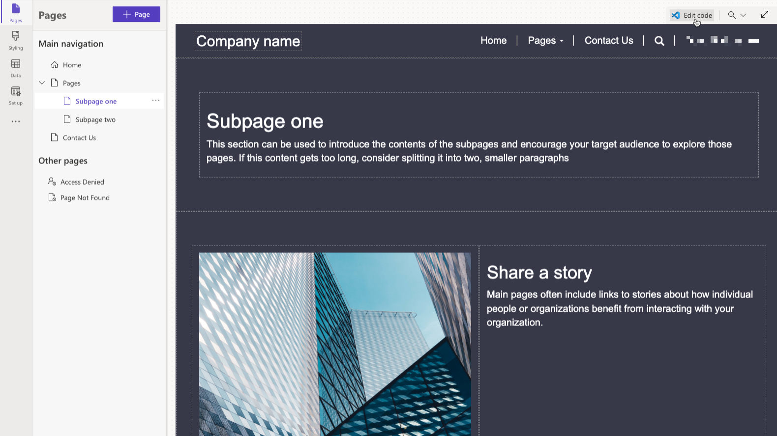 Screenshot di Modifica codice nella finestra di progettazione di Power Pages.