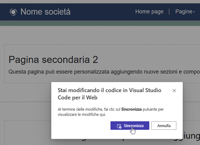 Screenshot di una richiesta di sincronizzazione del contenuto della pagina dopo il completamento della modifica in Visual Studio Code per il Web