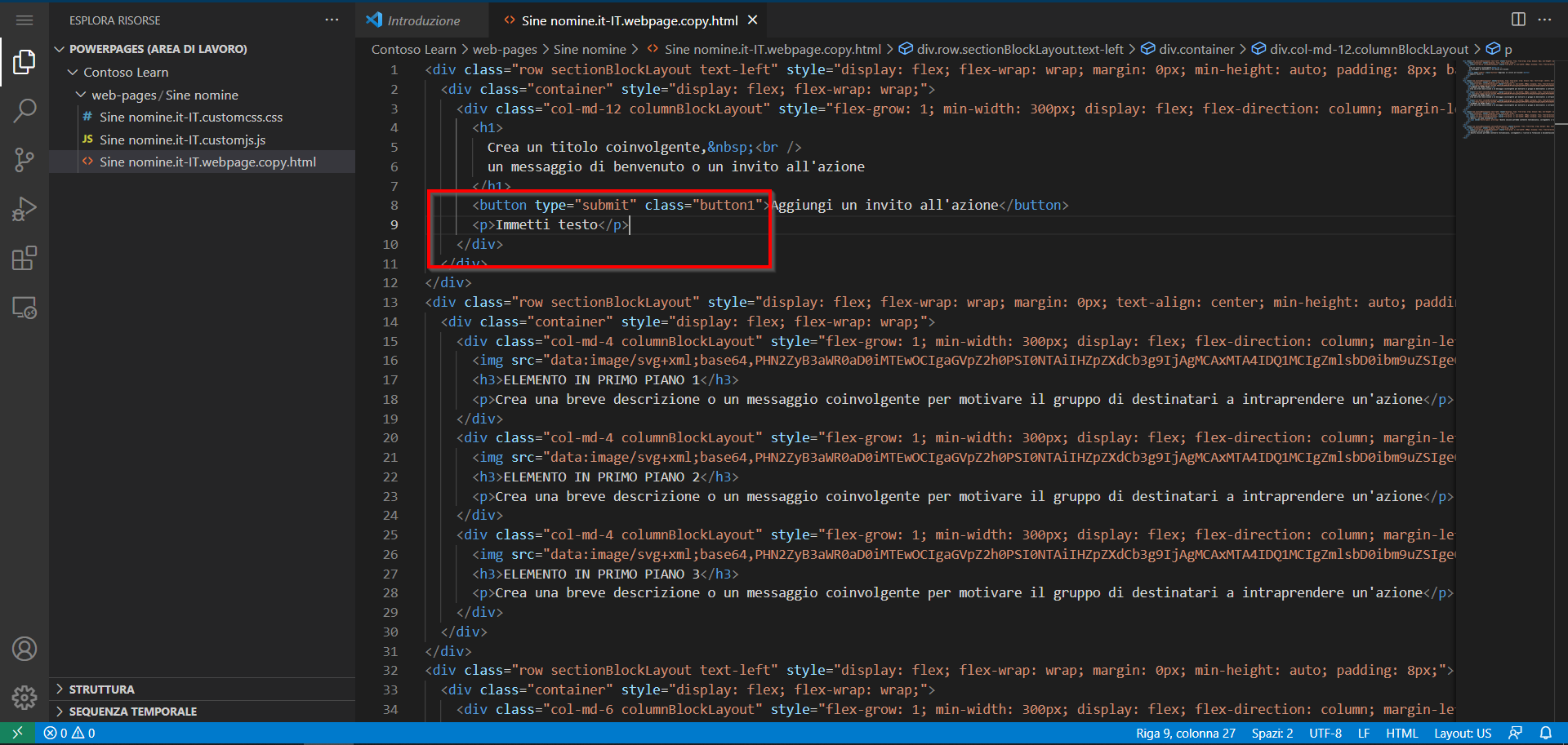 Screenshot del contenuto della pagina aperto in Visual Studio Code per l'editor Web con il paragrafo di testo evidenziato.