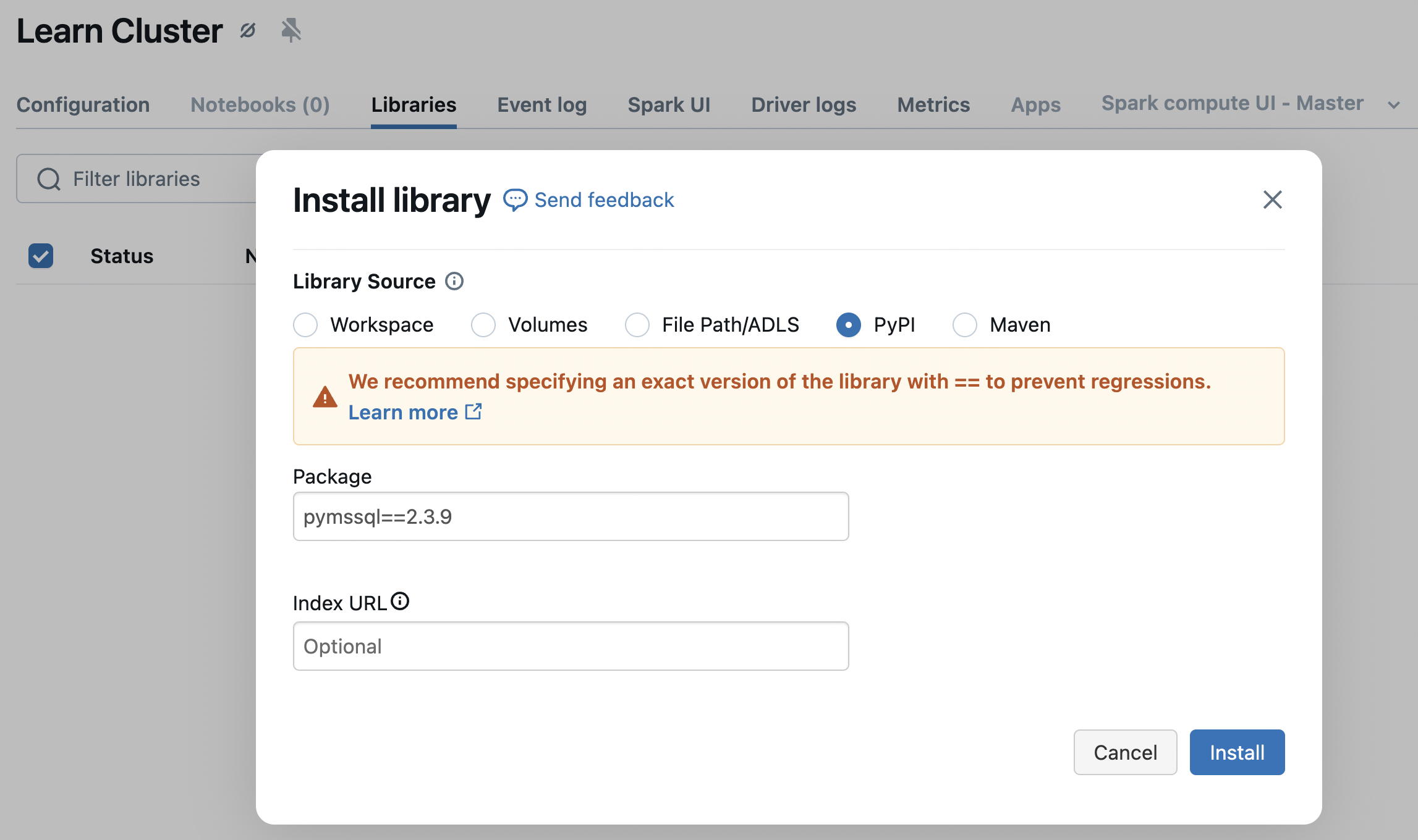 Screenshot della finestra di dialogo per l'installazione della libreria su Azure Databricks (PyPI).