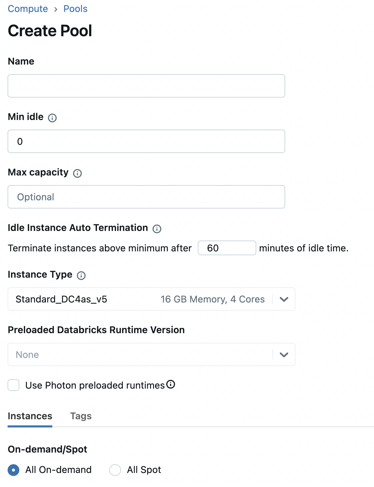 Schermata del pool di istanze di Azure Databricks.