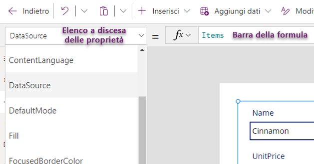 Proprietà di un controllo per i moduli e le formule.
