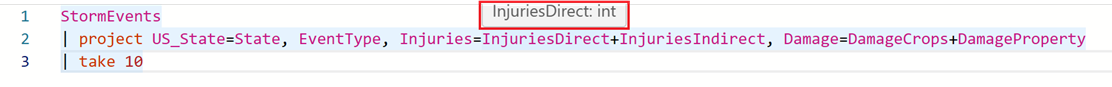 Screenshot del tipo di dati in un editor di query.