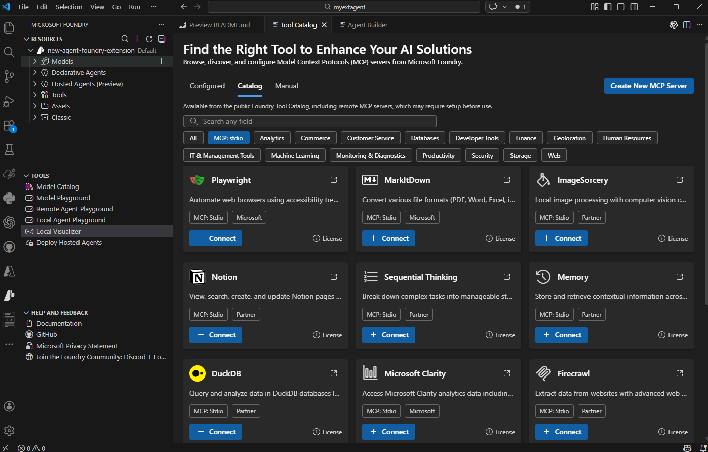 Screenshot dell'interfaccia del catalogo degli strumenti nell'estensione Microsoft Foundry VS Code.