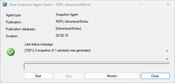Screenshot che mostra lo stato dell'agente di snapshot in una replica transazionale.
