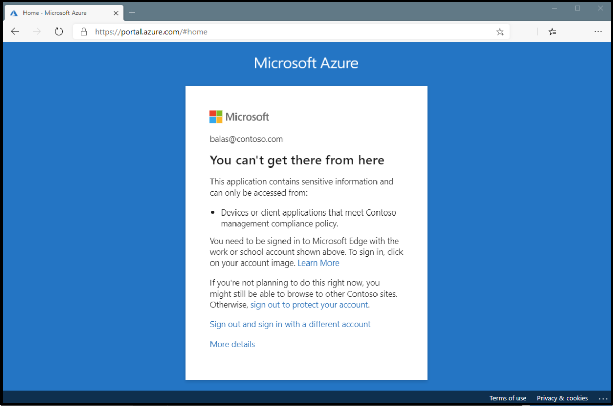 Screenshot dell'errore di accesso: è richiesto un dispositivo conforme. È presente un pulsante per annullare o ottenere ulteriori informazioni.