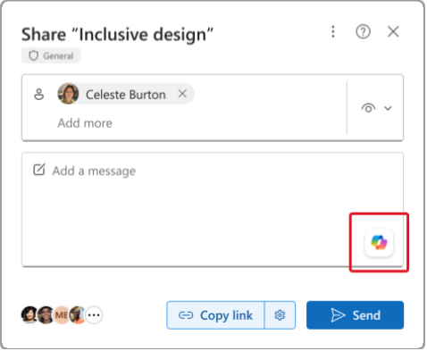 Screenshot della finestra di messaggio visualizzata in Word quando si condivide un documento. L'icona di Copilot si trova nella finestra di messaggio.