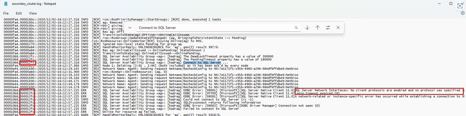 Screenshot del log del cluster che mostra la connessione a SQL e l'ID thread.