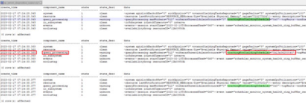 Schermata dell'output concatenato di sp_server_diagnostics che mostra create_time e i risultati di query_processing.