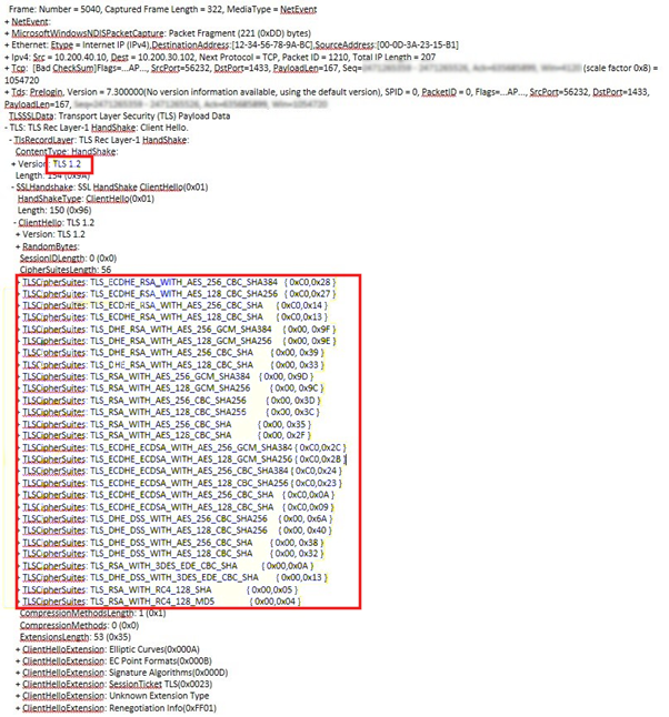 Screenshot dei dettagli della suite di crittografia che è possibile esaminare per determinare se le suite corrispondono.