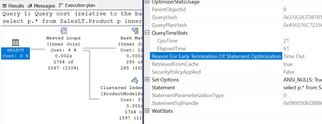 Screenshot che mostra il timeout di Optimizer nel piano di query in SSMS.