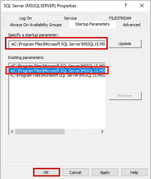 Screenshot della scheda Parametri di avvio della finestra di dialogo Proprietà DI SQL Server (MSSQLSERVER).
